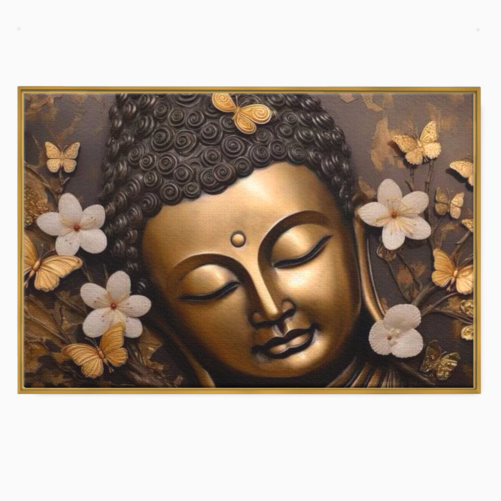 Tablou canvas cu tablou canvas cu capul lui buddha, in rama de aluminiu auriu